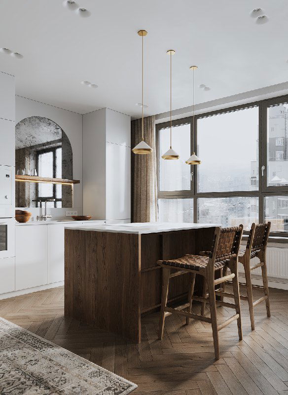 Деревянный остров со столешницей из искусственного камня и встраиваемой варочной панелью, плетёные полубарные стулья и большой оконный проём.