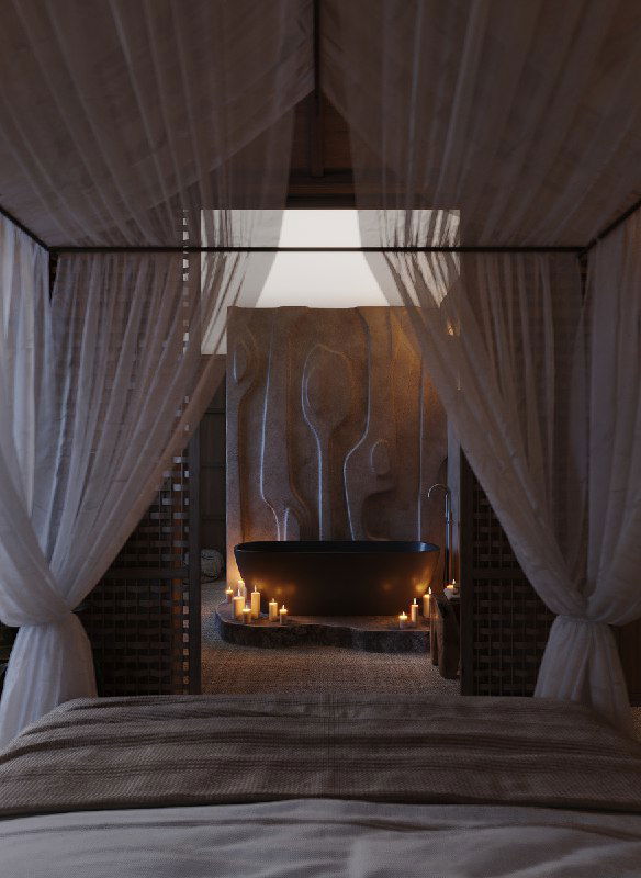 Ночное освещение интерьера: ванна у входа в спальню, свечи и тёплые бра подчёркивают фактуру рельефного панно и текстуры материалов
