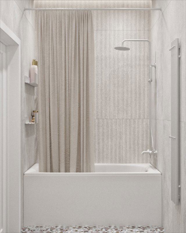 Душевая зона с ванной и шторкой, выделенная рельефной светлой плиткой — акцент на фактуре плитки и ощущении простора в небольшом пространстве.