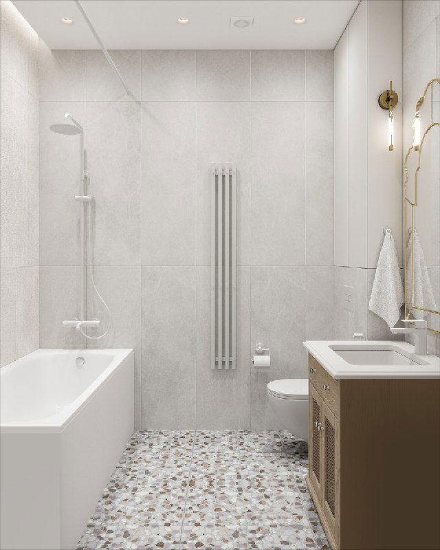 Общий план ванной комнаты: ванна, подвесной унитаз, вертикальный полотенцесушитель и деревянная тумба; комбинирование этнических мотивов с минимализмом.