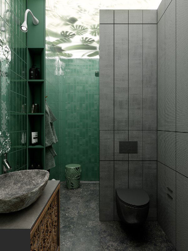 Душевая зона с зелёной плиткой, стеклянной перегородкой и потолком с тенью пальмовых листьев, вид на встроенные полки.