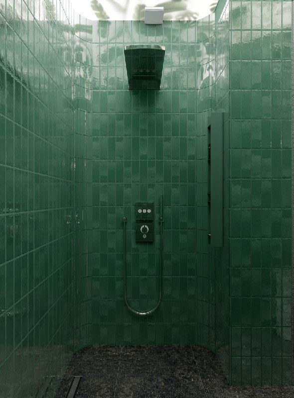 Душ в стиле водопада в зелёной плитке: лейка сверху, ниша для аксессуаров и панель управления душем с эффектом водопада.