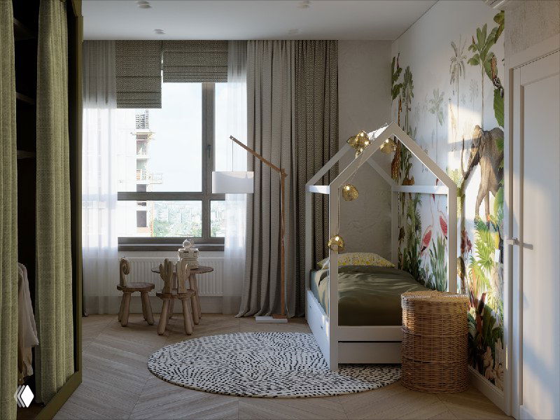 Угол детской с большим окном, дизайнерским детским столиком и стульями из массива бука, натуральными тканями штор и мягким дневным светом в интерьере.