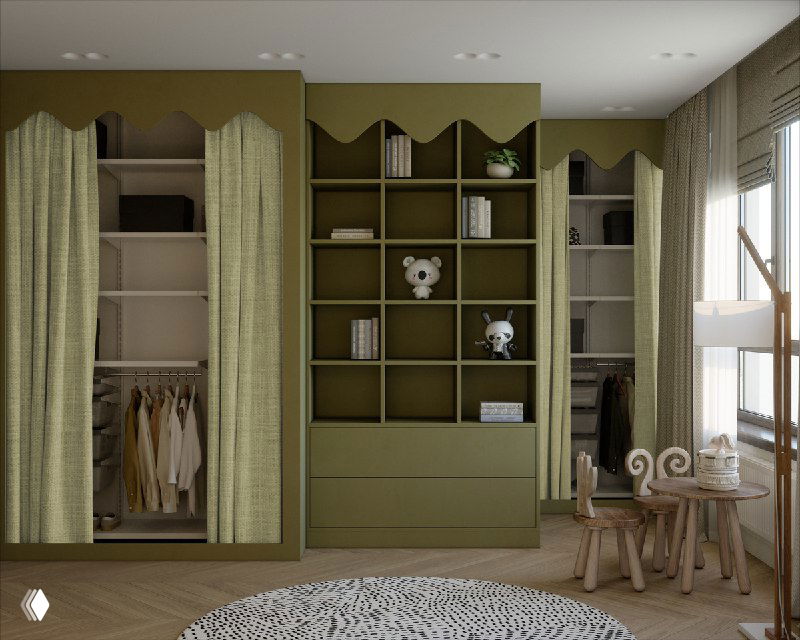 Организация хранения: модульные ниши и шторки вместо фасадов в оливковом тоне, открытые полки для игрушек и аксессуаров, аккуратное зонирование.