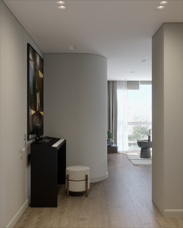 Общий план коридора и гостиной: пианино около стены, плавные линии интерьера и большое окно в гостиной, создающее ощущение легкости и отдыха.