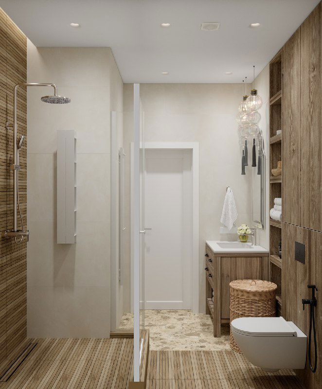 Общий вид санузла: душевая слева, проход к двери, тёплая деревянная отделка, зеркало и светильники в этническом стиле, уютная атмосфера для релакса.