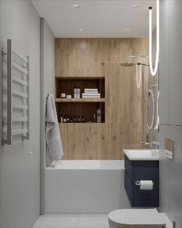 Узкая ванная комната с деревянной отделкой в зоне ванны, открытыми полками и аккуратно организованной зоной хранения рядом с душем и раковиной