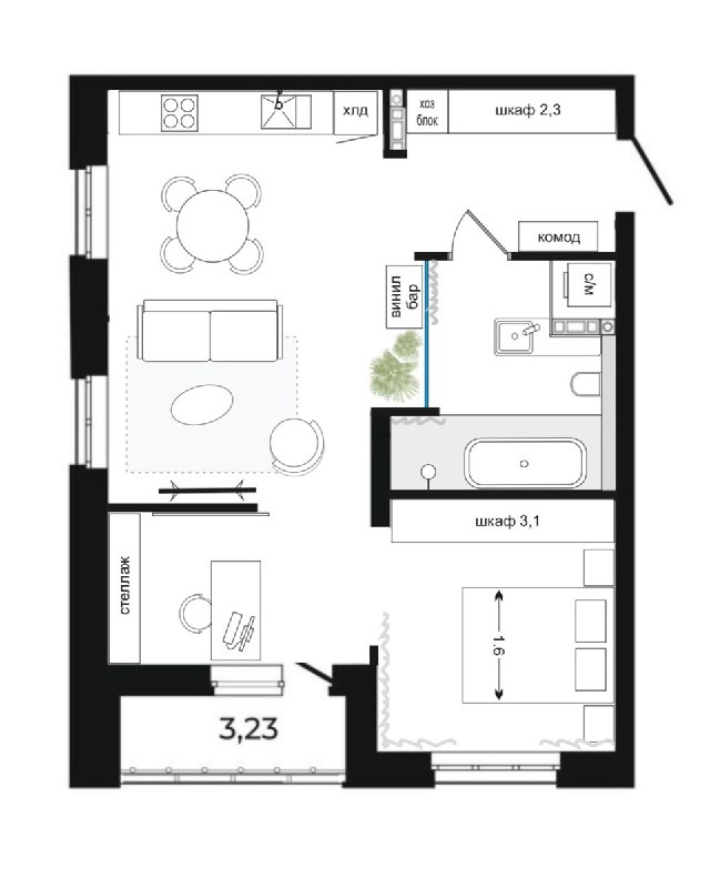 Изменённая планировка: объединённая ванная комната со стеклянной стеной, просторная кухня‑гостиная и кабинет‑трансформер отмечены на схеме.