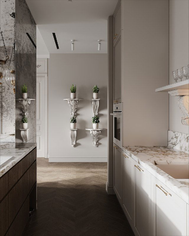 Вид от кухни в коридор: белая кухня справа и декоративные резные консоли с горшками на стене, акцент на зелёный уголок.