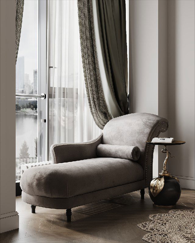 Кушетка с изогнутой спинкой у панорамного окна, шторы оливкового оттенка и низкий декоративный столик создают уютную зону для отдыха.