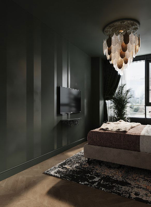 Стена напротив кровати с глянцевыми вертикальными полосами, подвешенным телевизором и элементами, задающими ритм интерьера, часть спальни с ковром и люстрой.