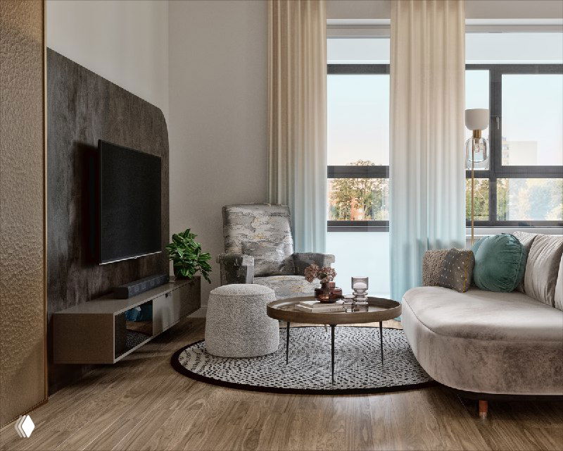 Интерьерная композиция: телевизионная панель, журнальный столик, пуф и декоративные подушки у окна; мягкая палитра, деревянный пол и текстурные акценты.