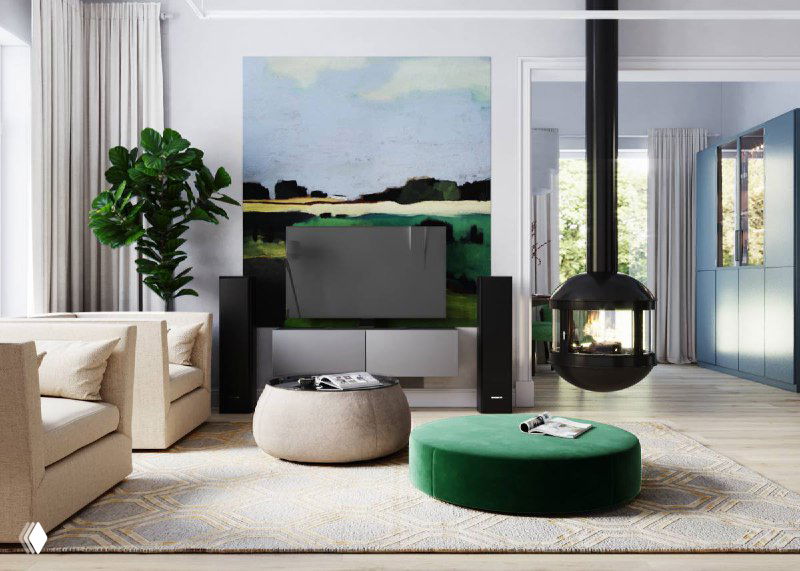 Светлая гостиная с большим художественным полотном за телевизором, зелёный пуф и минималистичная мебель, простор и свет в комнате.