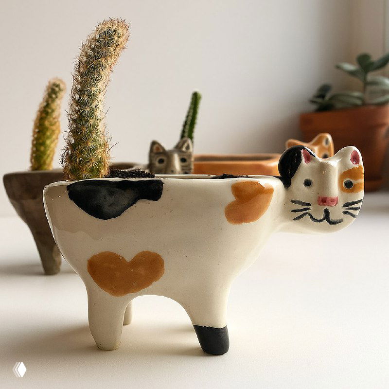 Керамическое кашпо в форме кошки с кактусами внутри, бело‑рыжая глазурь и лёгкий светлый фон — пример декоративной посуды для растений.
