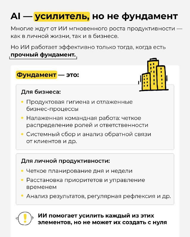 Слайд «AI — усилитель, но не фундамент»: визуальная схема с пунктами о базовой автоматизации, сборе данных и инфраструктуре для внедрения ИИ.