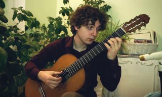 Гитарист в домашней обстановке держит классическую гитару в положении исполнения; видны растения и мебель на фоне.