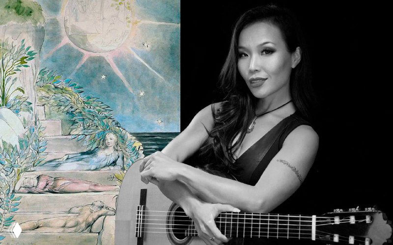 Портрет гитаристки Ту Ле с классической гитарой на фоне пастельной сцены из «Божественной комедии», подчёркнута элегантность и образ.