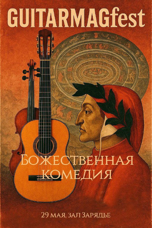 Афиша GUITARMAGfest с гитарой и портретом Данте в тёплой палитре; надпись «Божественная комедия» и дата концерта.