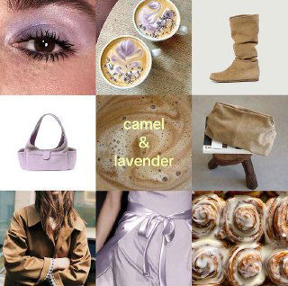 Коллаж camel & lavender: примеры одежды, обуви и макияжа в пастельных и бежевых тонах как источник идеи для окрашивания волос и укладки.