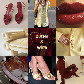 Коллаж butter & wine: тёплые и винные оттенки в образах, губной помаде и текстуре тканей как референс для насыщенных оттенков волос и акцентов.