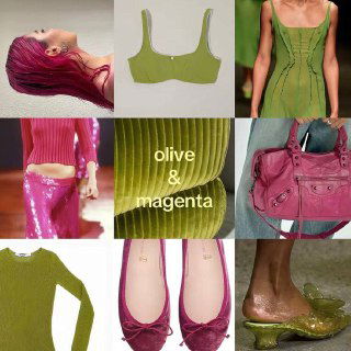 Коллаж olive & magenta: контрастные идеи в одежде, сумках и тканях, которые можно использовать как референс для ярких цветовых решений на волосах.