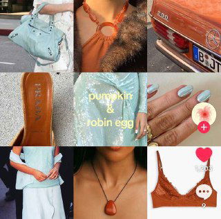 Коллаж pumpkin & robin egg: тёплые тыквенные и нежно-голубые тона в одежде и маникюре как идея для многотонального окрашивания волос и акцентов.