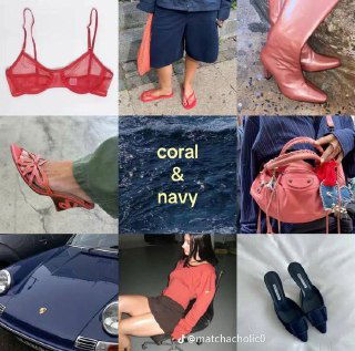 Коллаж coral & navy: сочетание кораллового и тёмно-синего в одежде, обуви и сумках — референсы для цветовых сочетаний волос и образов.