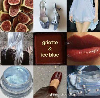 Коллаж griotte & ice blue: вишнёвые и ледяные голубые акценты в макияже, одежде и текстурах как источники идеи для контрастного окрашивания волос.