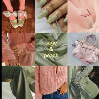 Коллаж sage & peach: мягкие шалфейные и персиковые оттенки в образах, сумках и маникюре как идея натуральных и пастельных окрасов волос.