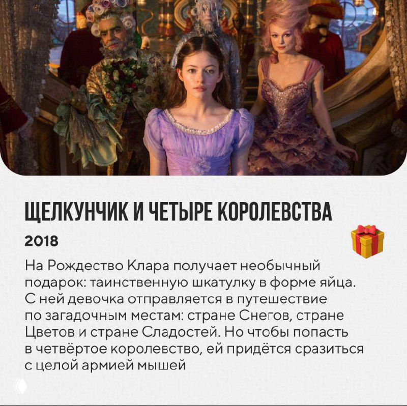 Постер фильма «Щелкунчик и четыре королевства» с изображением Клары и королевского окружения, сказочная рождественская сцена.