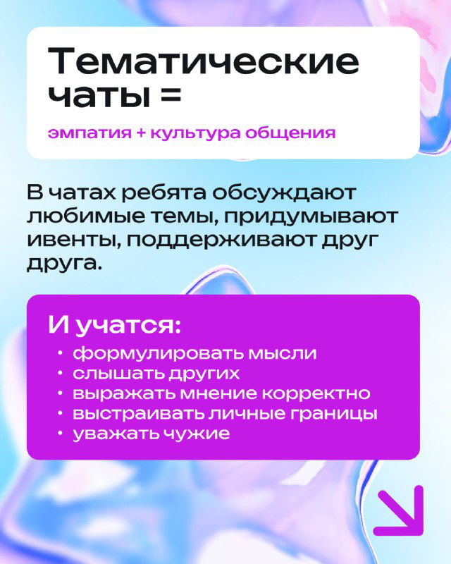 Карточка с заголовком «Тематические чаты = эмпатия + культура общения», пункты о формулировке мыслей, умении слышать и выстраивать границы.