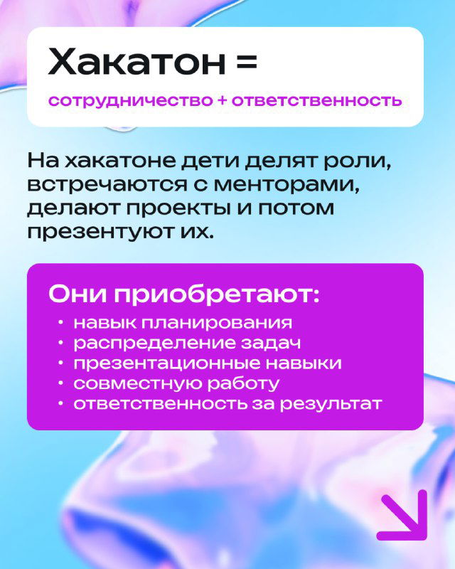 Карточка «Хакатон = сотрудничество + ответственность» описывает разделение ролей, встречи с менторами и презентации проектов детьми.