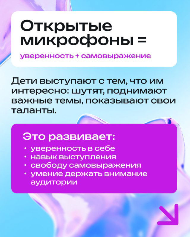 Карточка «Открытые микрофоны = уверенность + самовыражение» с пунктами о выступлениях, талантах и умении держать внимание аудитории.