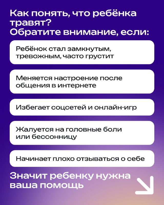Карточка с перечислением признаков: замкнутость, тревожность, изменение настроения после общения в интернете — выполнена в фиолетовой стилистике с белыми блоками текста.