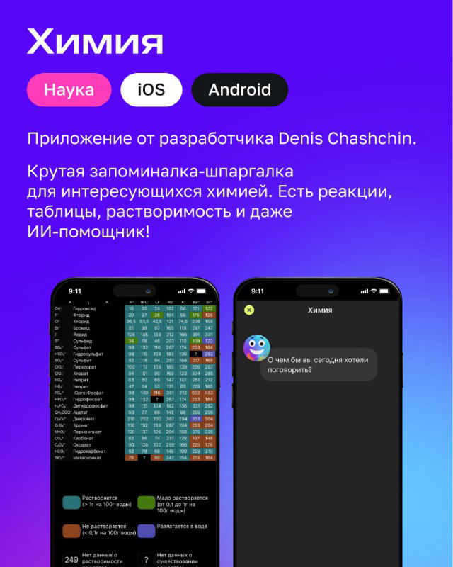 Карточка приложения «Химия»: таблицы, реакции и интерфейс на экране телефона, фиолетовый фон и указание платформ iOS/Android.