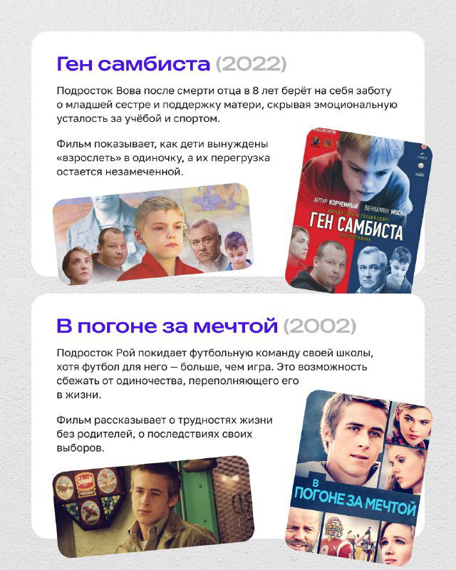 Информационная карточка: миниатюра постера фильма и сжатое содержание, акцент на эмоциях ребенка и возможных разговорах с родителями.