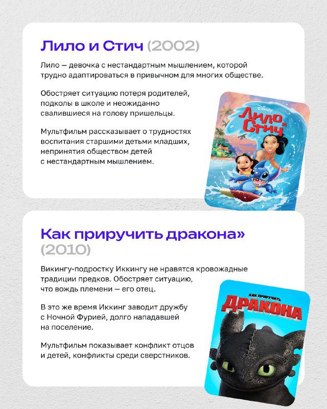 Пример карточки с детским фильмом: постер и подпись, объясняющая, как картина помогает понять точку зрения подростка и начать разговор.