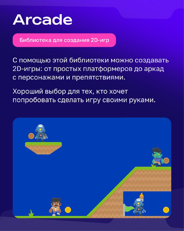 Слайд «Arcade»: иллюстрация 2D‑платформера с персонажами и препятствиями, указание, что библиотека хороша для создания простых игр.