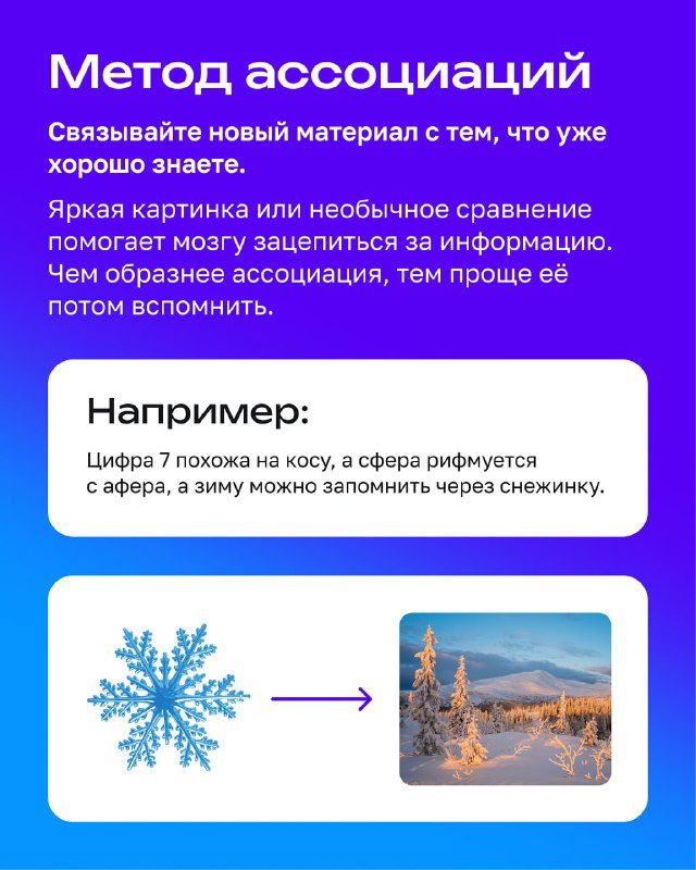 Слайд о методе ассоциаций: изображение снежинки и зимнего пейзажа как пример визуальной связи для запоминания информации.
