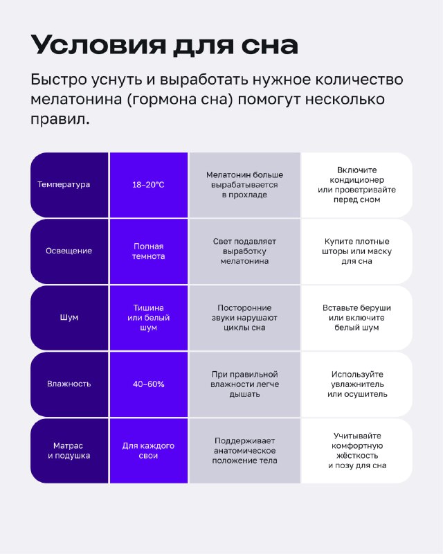 Инфографика с таблицей «Условия для сна»: температура, освещение, режим и другие факторы, влияющие на засыпание.