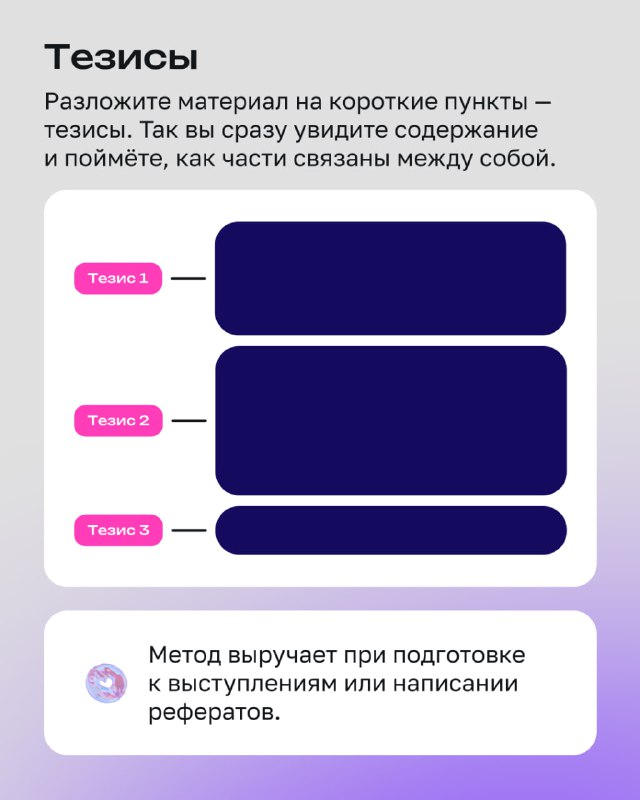 Слайд «Тезисы»: блоки с короткими пунктами для выделения сути материала, визуальная схема связей между тезисами и подсказка по использованию при выступлениях и рефератах.