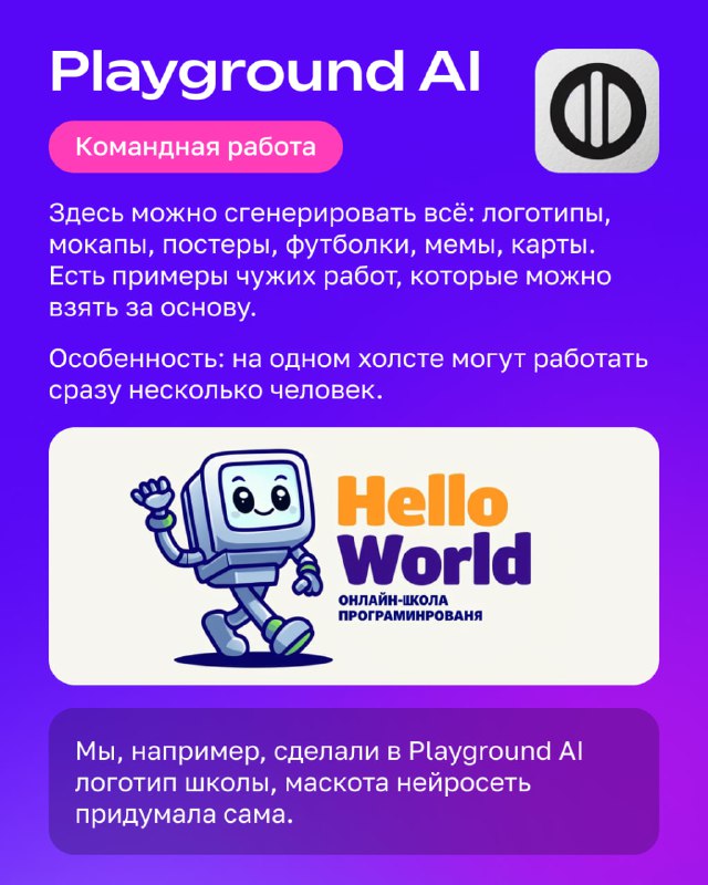 Инфопанель про Playground AI: фиолетовый фон, логотип Playground AI, примеры макетов и логотипа Hello World, указание на командную работу в сервисе.