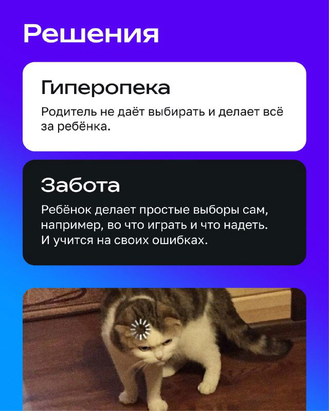 Слайд «Решения»: блоки «Гиперопека» и «Забота» с объяснениями, внизу фото кота — контраст подходов в воспитании и самостоятельности