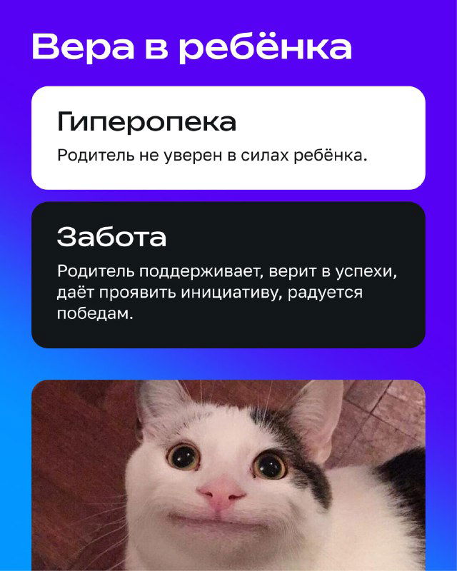 Слайд «Вера в ребёнка»: текст о поддержке, развитии инициативы и уверенности; снизу фото улыбающегося кота как позитивный визуальный акцент