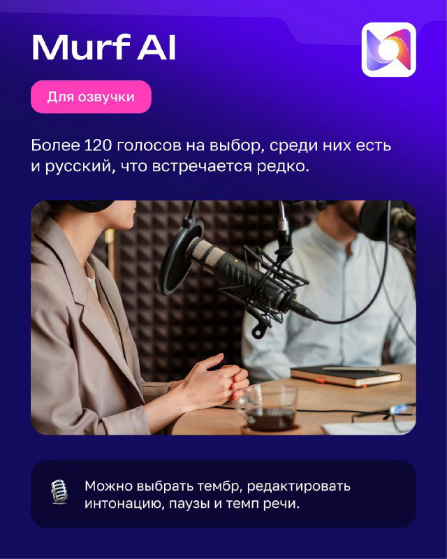 Карта Murf AI: студийный микрофон и текст о более чем 120 голосах, включая редкие русские голоса, возможности редактирования интонации.