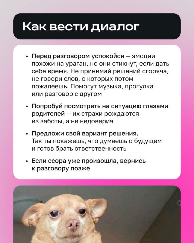 Слайд «Как вести диалог» с пунктами о спокойствии и понимании точки зрения родителей; фон иллюстрирован собакой, символизирующей внимание.