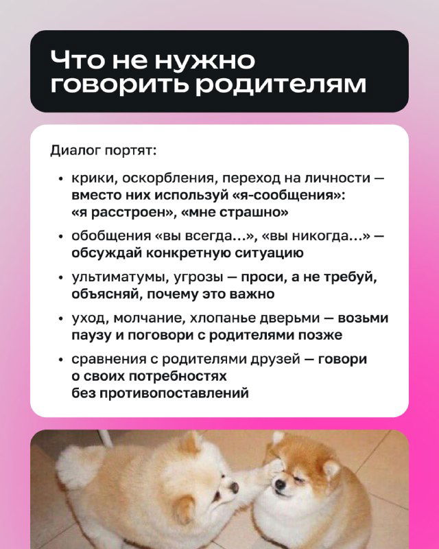 Слайд «Что не нужно говорить родителям» с перечнем фраз и запрещённых приёмов; изображение собак подчёркивает эмоциональную сторону конфликта.