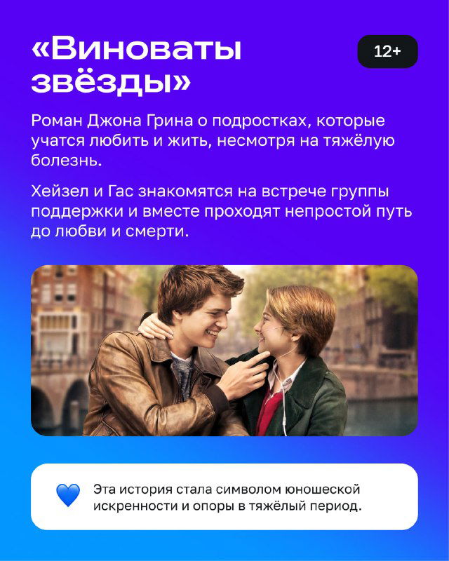 Карточка с описанием романа «Виноваты звёзды»: афиша в фиолетовых тонах, фотография кадра из экранизации и краткое описание сюжета для подростков.