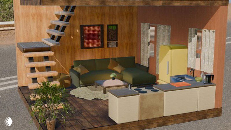 Тёплая интерьерная сцена: кухня и гостиная в мини‑формате, текстуры и освещение показывают понимание композиции и работы с материалами в Blender.