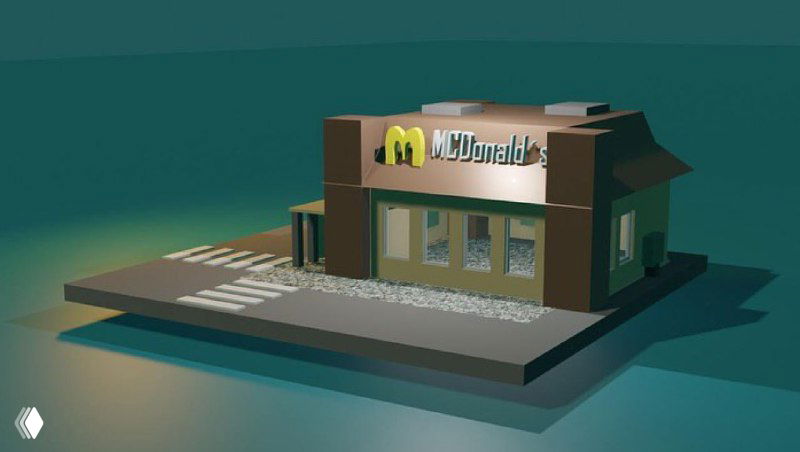 Модель коммерческого здания в стиле фастфуда — архитектурная 3D‑работа с базовой проработкой фасада и окружения, приобретённая на курсе ученика.